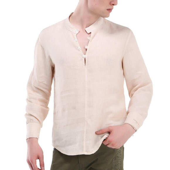 RNT 23 Beige Washed Linen Henley - Picture 1 of 1